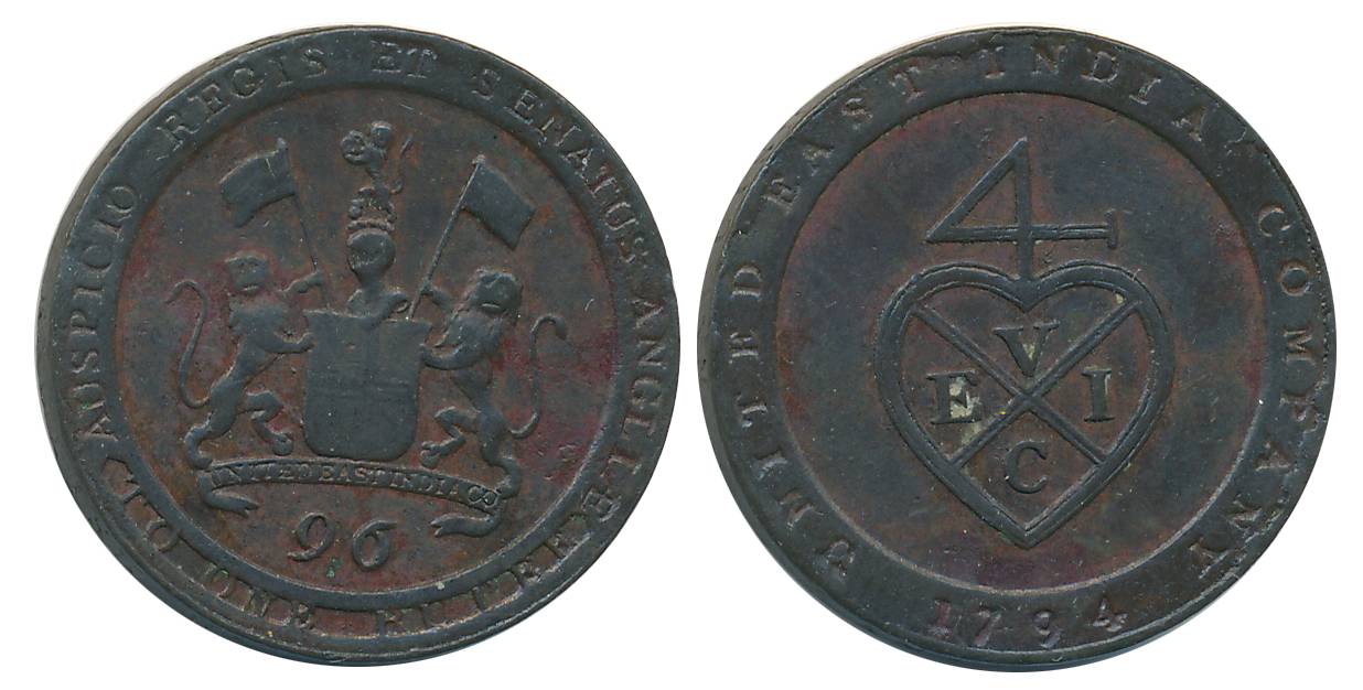 Copper 1/96 Rupee - 1/2 Dub, 6.30g, 1794, Soho Mint, Obv: Coat of arms of the EAST INDIA C