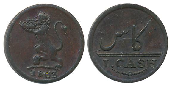 Copper, Cash, 0.63g, Soho Mint, 1803, Obv: The Company’s crest of a rampant Lion facing le