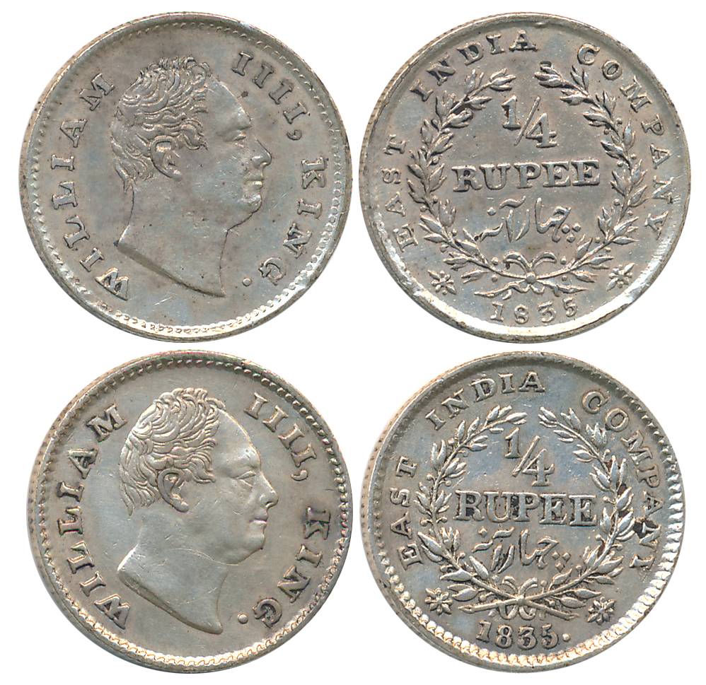 William IIII, Silver 1/4 Rupees (2), 1835. Very fine+ to about extremely fine. 2 coins.