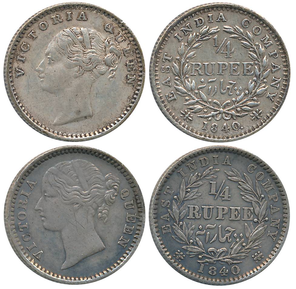 Victoria Queen, Silver 1/4 Rupees (2), Continuous legend & Divided legend, 1840. Very fine
