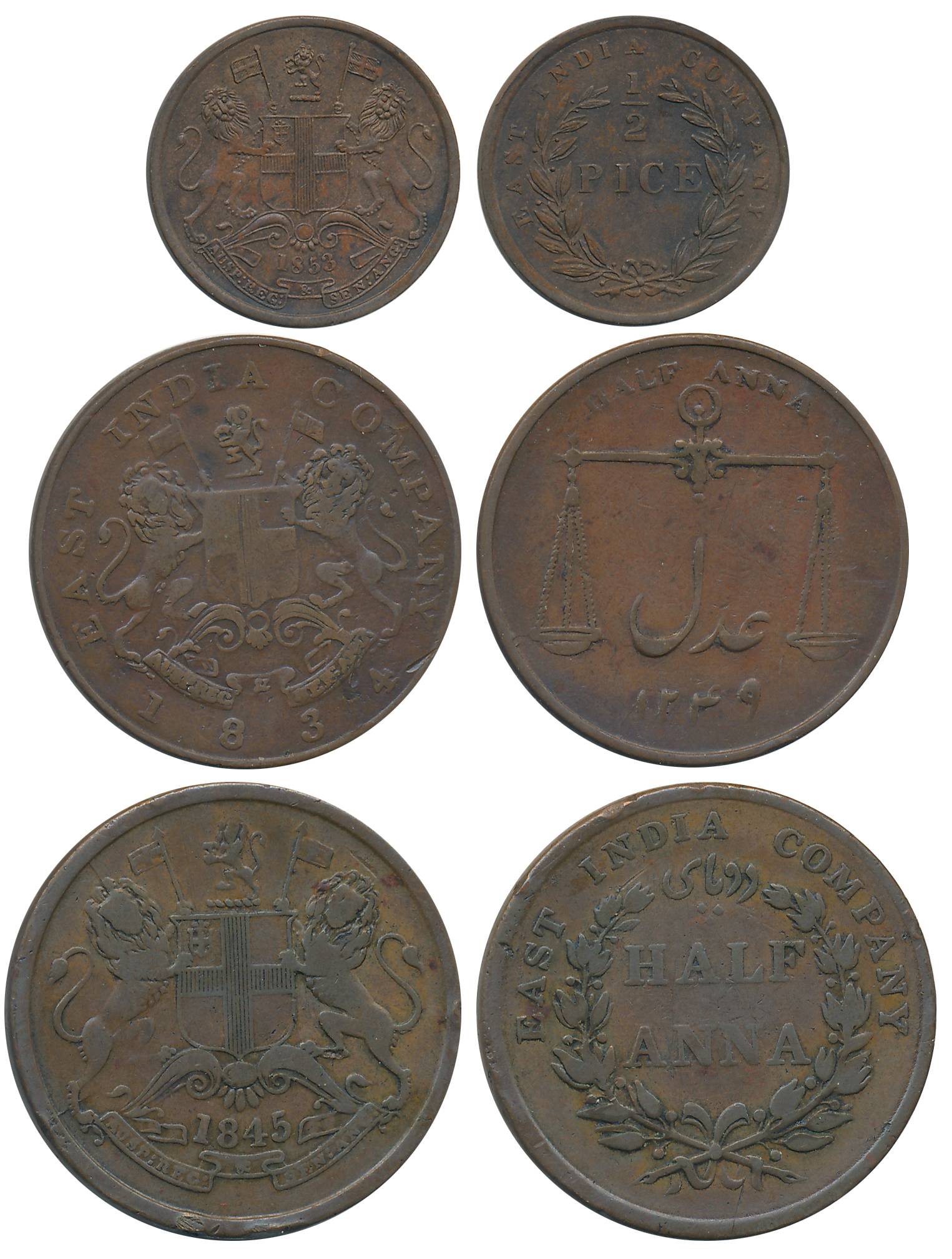 Copper (3), 1/2 Anna (2), 1834, 1845 & 1/2 Pice (1), 1853. Very fine to very fine+. 3 coin