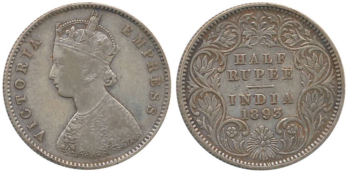 Victoria Empress, Silver 1/2 Rupee, 1893, C incused, A/I. Very fine.