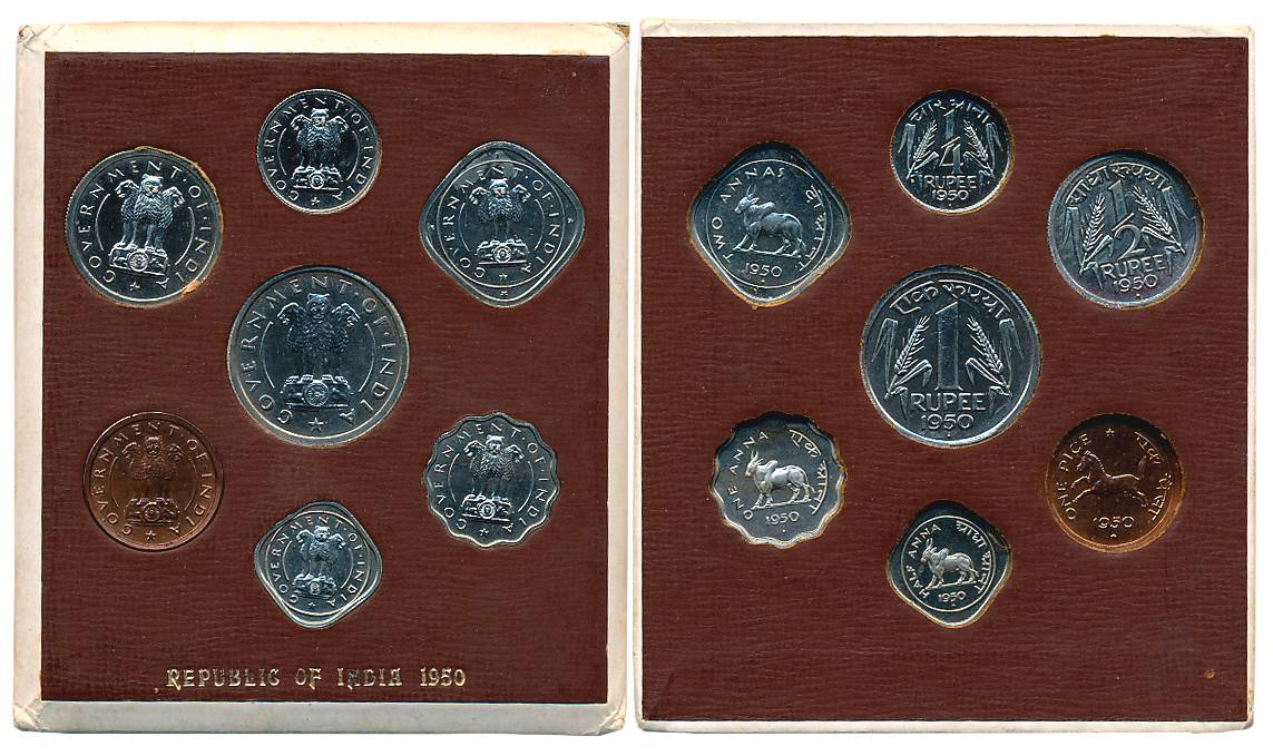 1950, Proof Set of 7, Rupee, 1/2 Rupee, 1/4 Rupee, 2 Anna, 1 Anna, 1/2 Anna & 1 Pice, in B