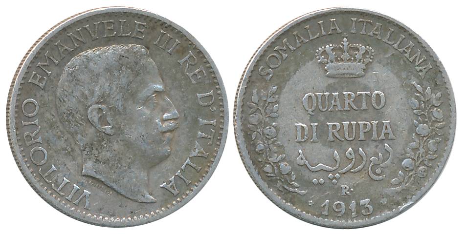 Italian Somaliland, Vittorio Emmanual III, Silver 1/4 Rupee, 1913R, Obv: Head to right, Re