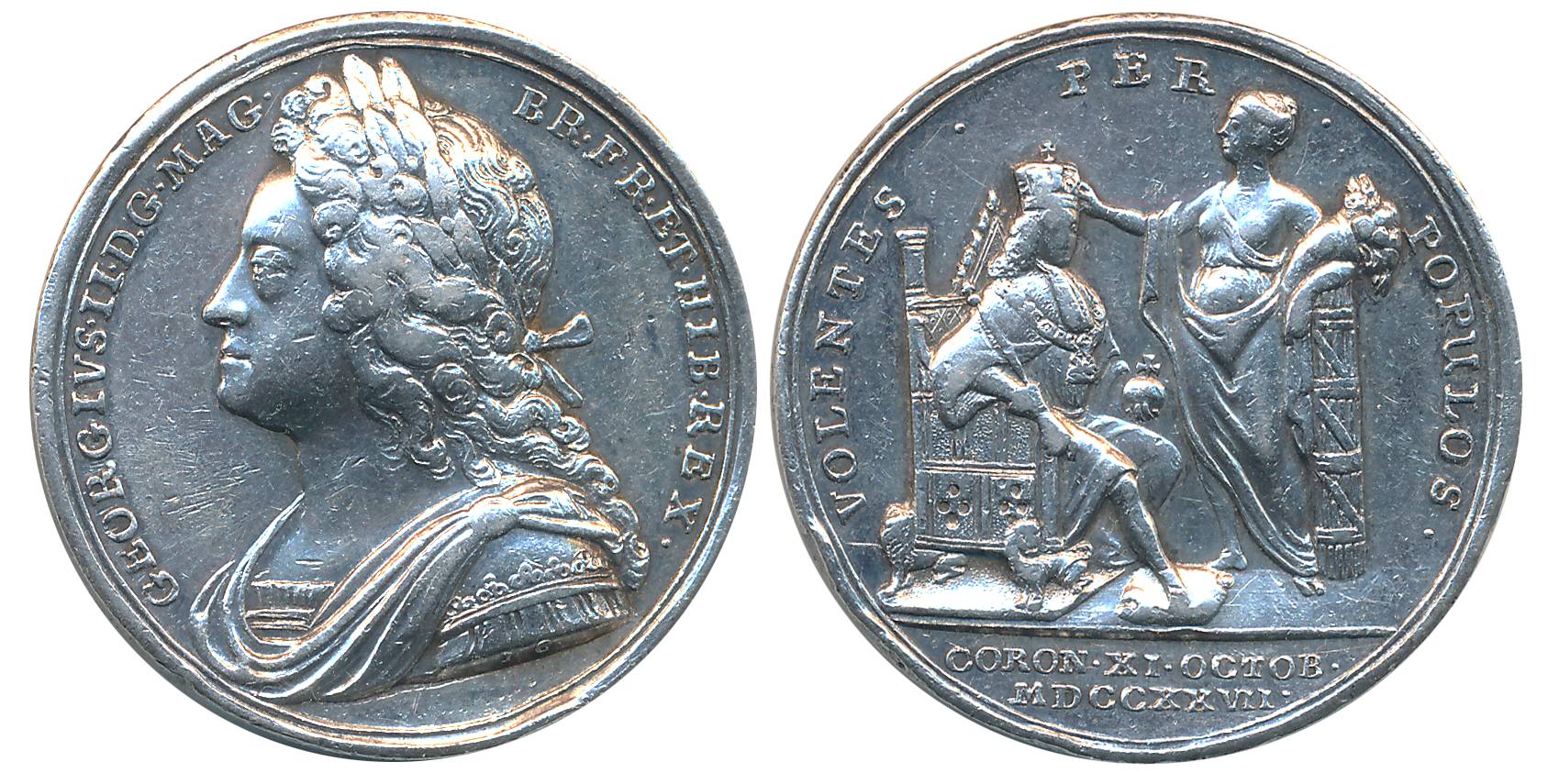 George II, Coronation, Silver Medal, 18.42g, Obv: Laureate, armoured and draped bust left,