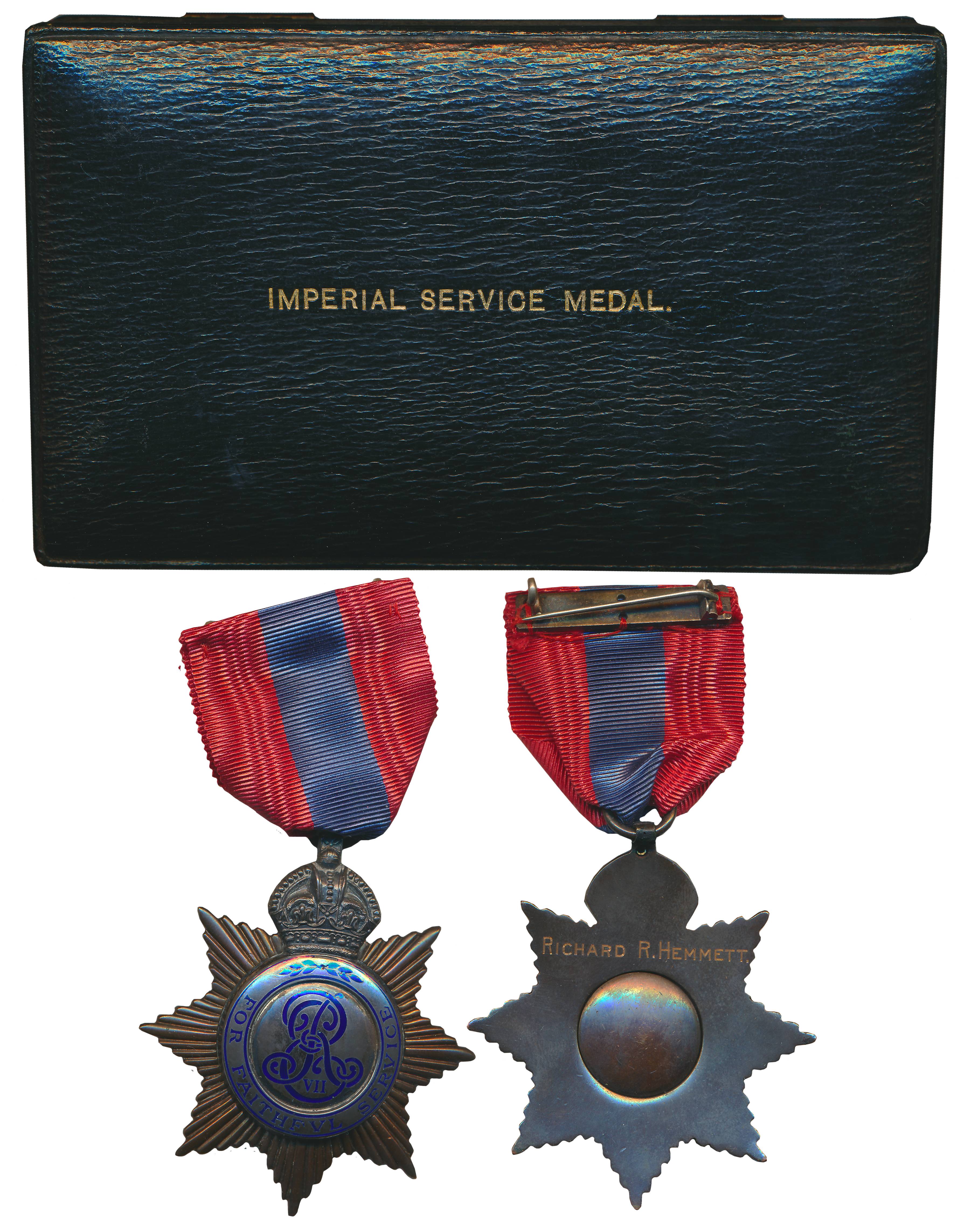 Imperial Service Order, Edward VII, 41.85g, Silver badge Awarded to “Richard R. Hemmett,” 