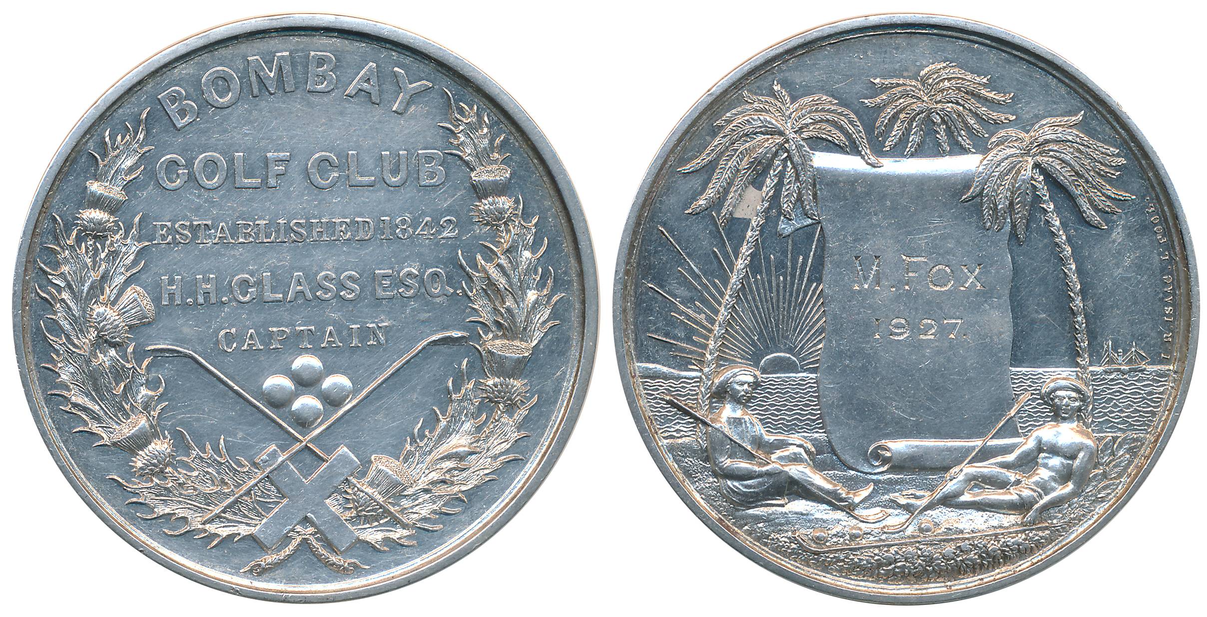 Royal Bombay Golf Club, Silver Medal, 56.47g, 1927, Obv: Crossed golf club and balls in wr