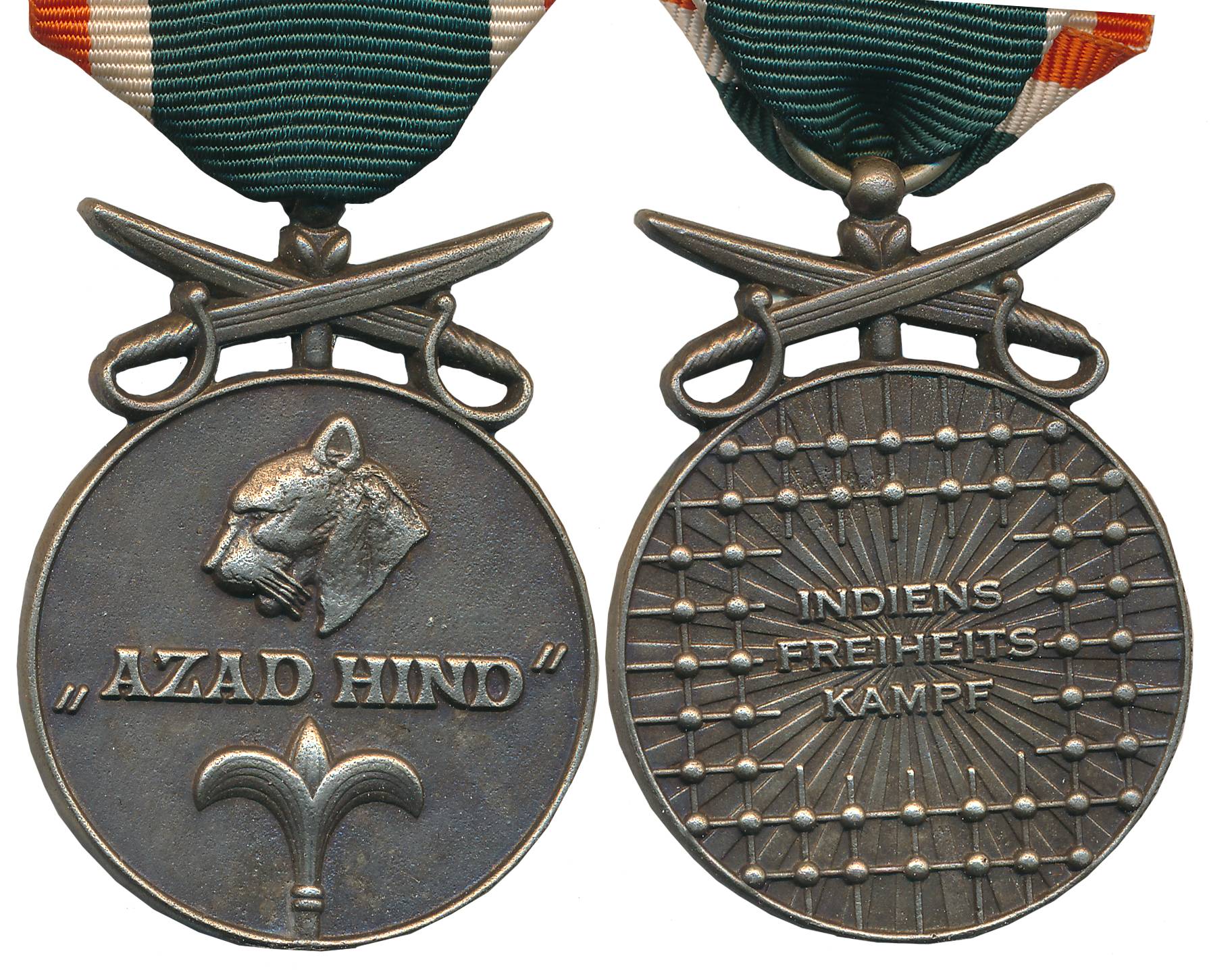 Azad Hind / Tamgah-i-Bahaduri, Silver Guilt on Bronze Medal, 30.45g, Obv: Tiger and fleur-
