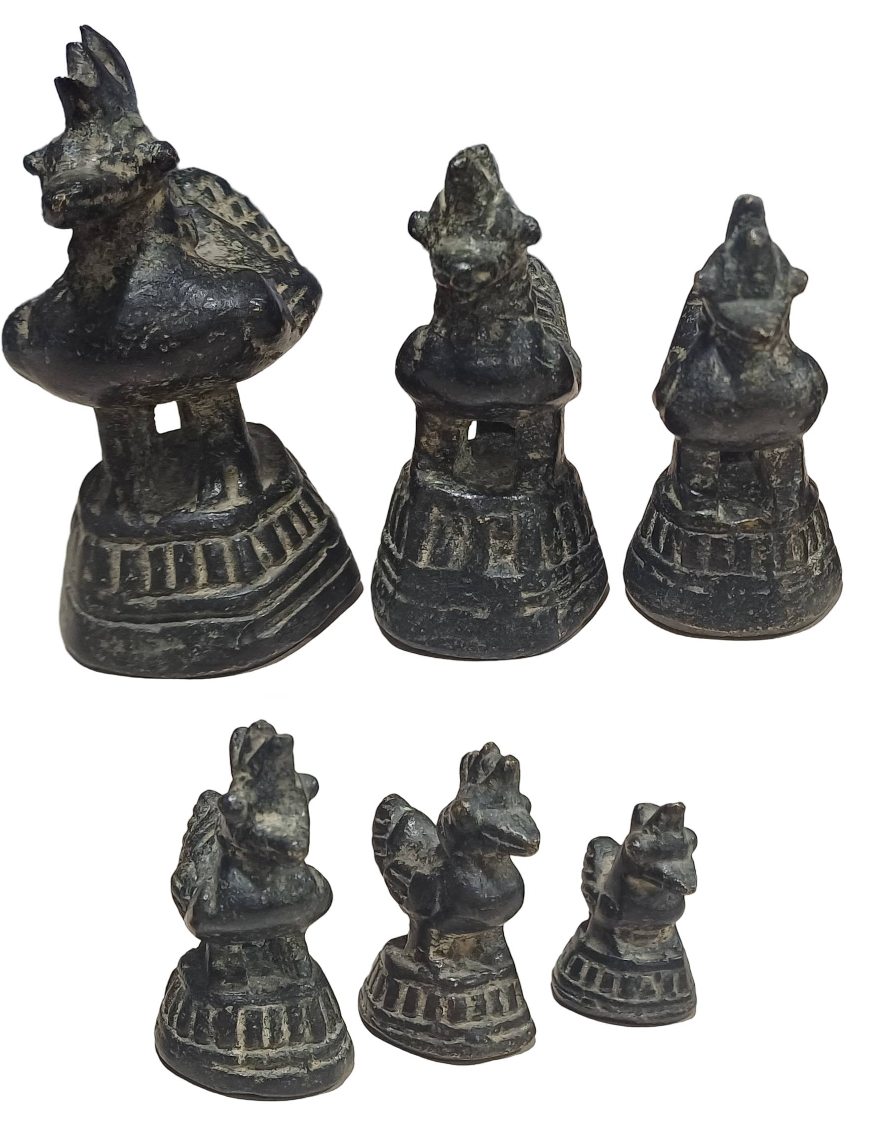 Burmese Opium Antique Weights Group of 6, Hintha Bird Style 6 sided rounded base. Although