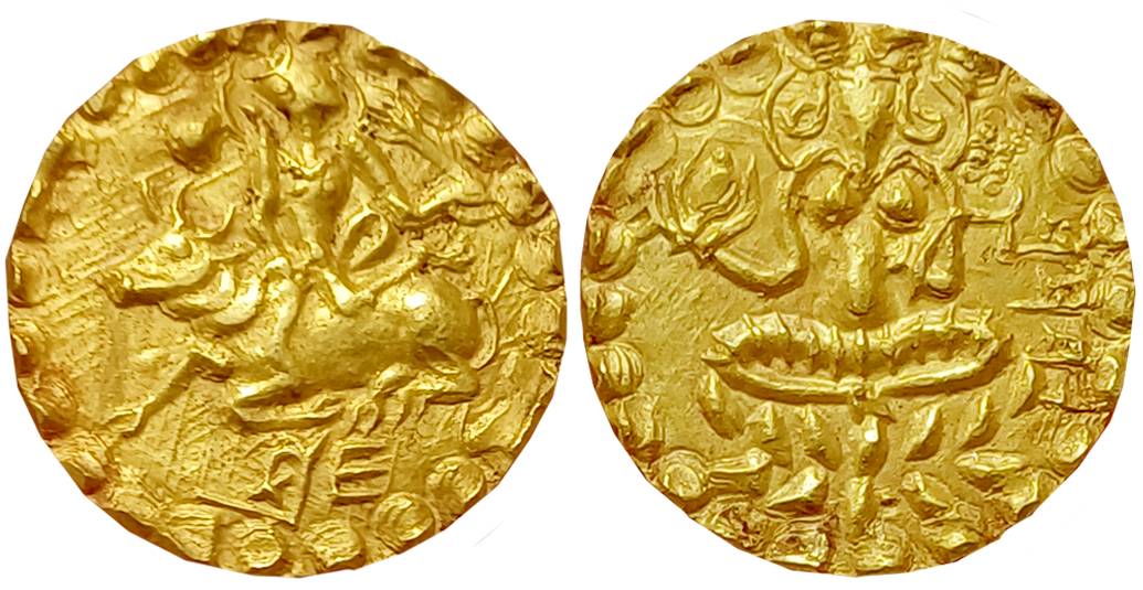 Post Gupta Bengal, Gauda, Sasanka Deva, Gold Dinar, 5.85g, Obv: Lord Siva reclining on a c