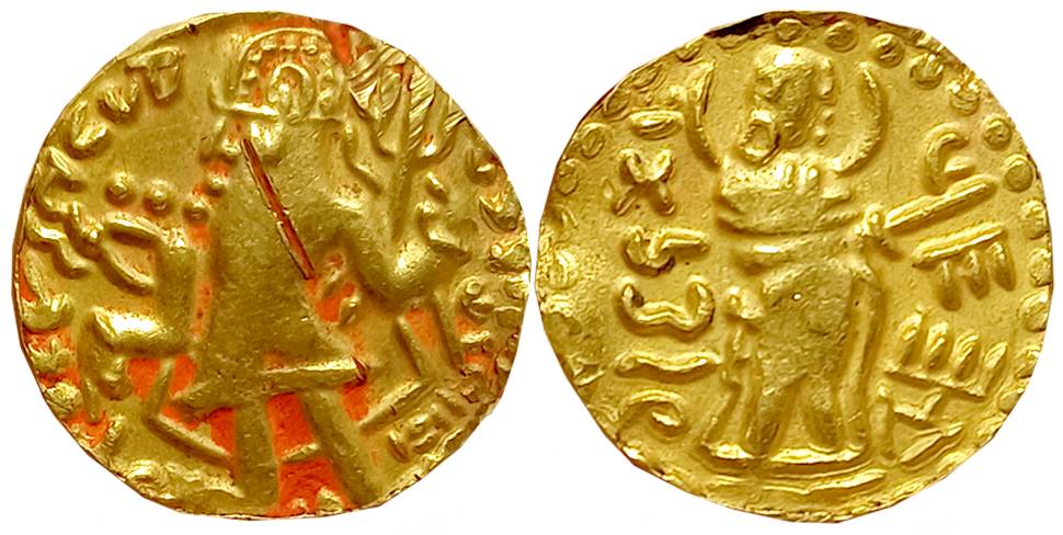 Post Gupta Bengal, Samatata region, Vira Jadamarah, Debased Gold Dinar, 6.50g, Obv: King s