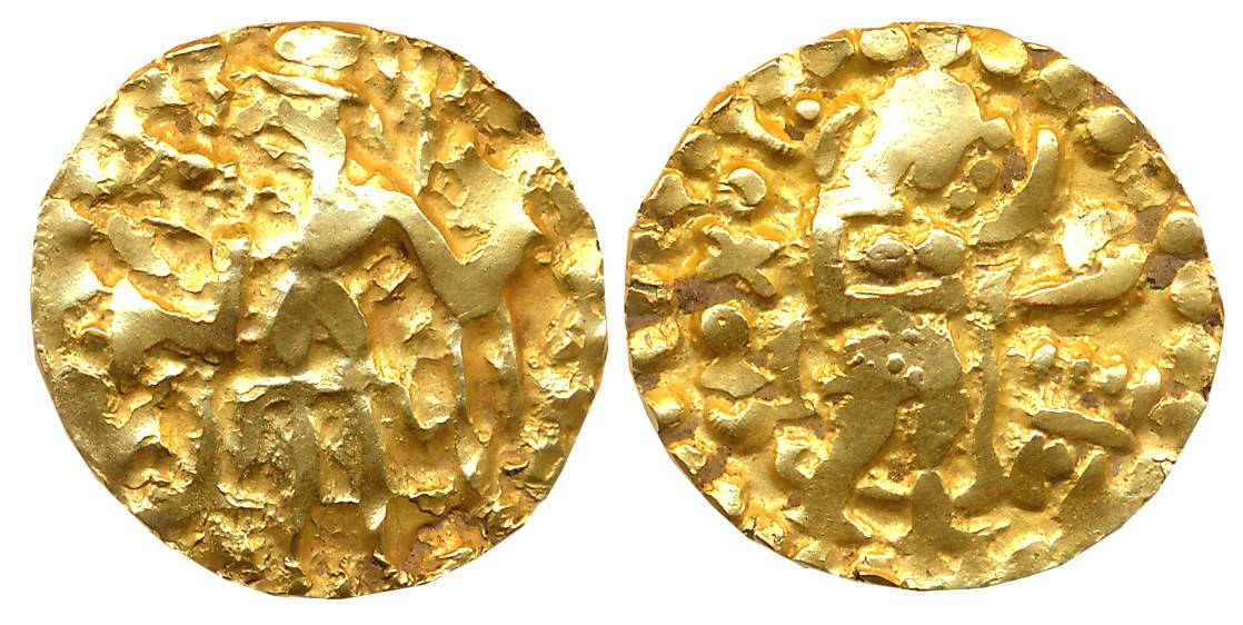 Post Gupta Bengal, Samatata region, Debased Gold Dinar, 6.27g, Imitating Kushan coins, Obv