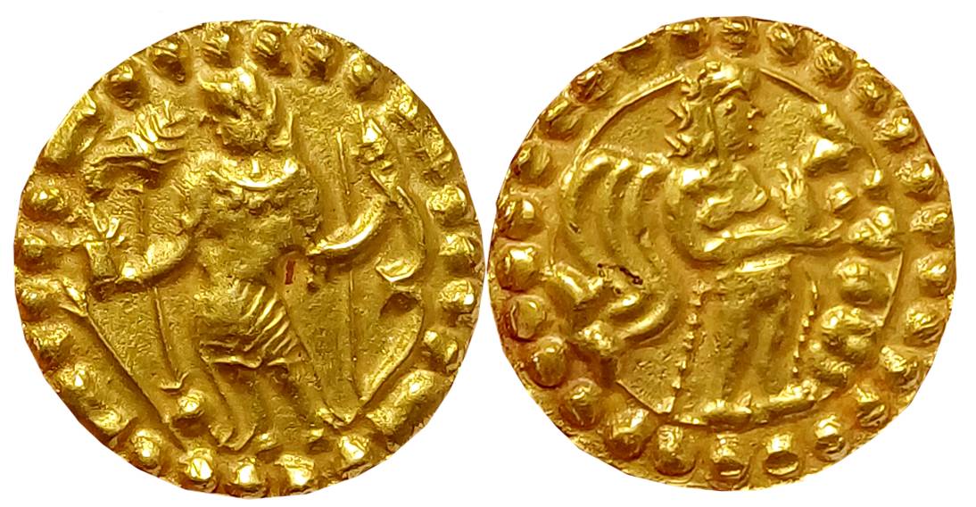 Post Gupta Bengal, Samatata region, Anonymous, Debased Gold Dinar, 5.69g, Obv: King standi