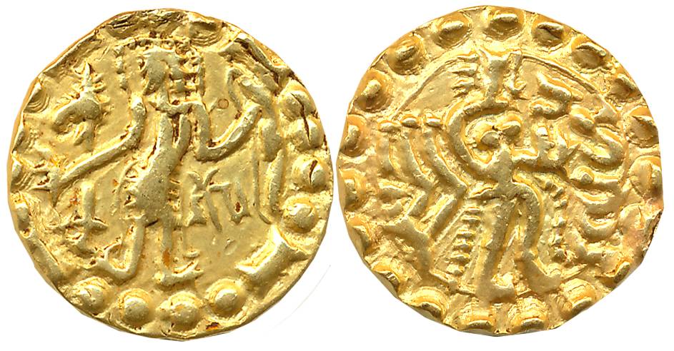 Post Gupta Bengal, Samatata region, Gopa, Debased Gold Dinar, 5.66g, Obv: Nimbate king sta