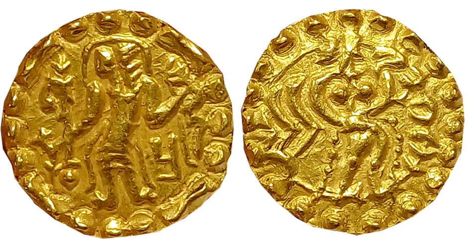 Post Gupta Bengal, Samatata region, Debased Gold Dinar, 5.65g, Obv: Nimbate king standing 