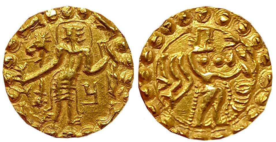 Post Gupta Bengal, Samatata region, Debased Gold Dinar, 5.58g, Obv: Nimbate king standing 