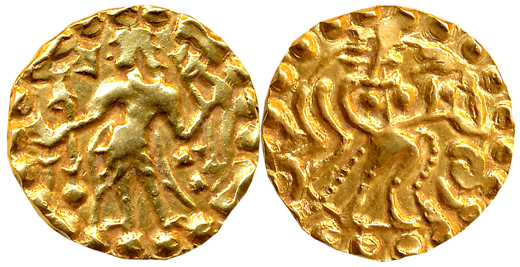 Post Gupta Bengal, Samatata region, Virachandra, Debased Gold Dinar, 5.79g, Obv: King stan