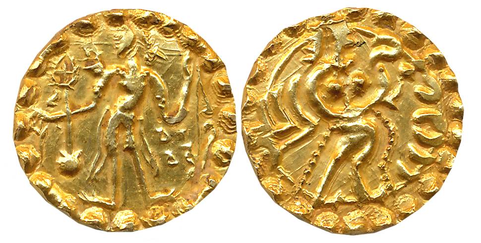 Post Gupta Bengal, Samatata region, Virachandra, Debased Gold Dinar, 5.61g, Obv: King stan