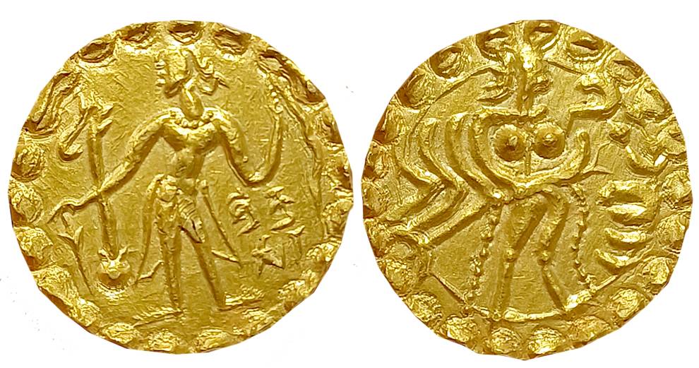 Post Gupta Bengal, Samatata region, Shri Kumara, Debased Gold Dinar, 5.86g, Obv: King stan