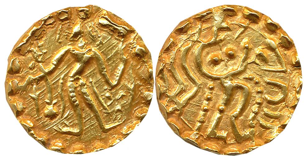 Post Gupta Bengal, Samatata region, Shri Kumara (?), Debased Gold Dinar, 5.72g, Obv: King 