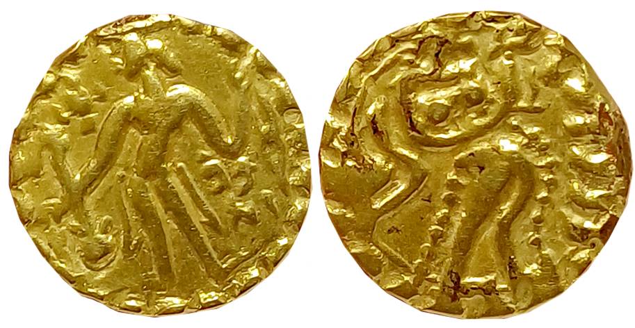 Post Gupta Bengal, Samatata region, Shri Kumara, Debased Gold Dinar, 4.68g, Obv: King stan