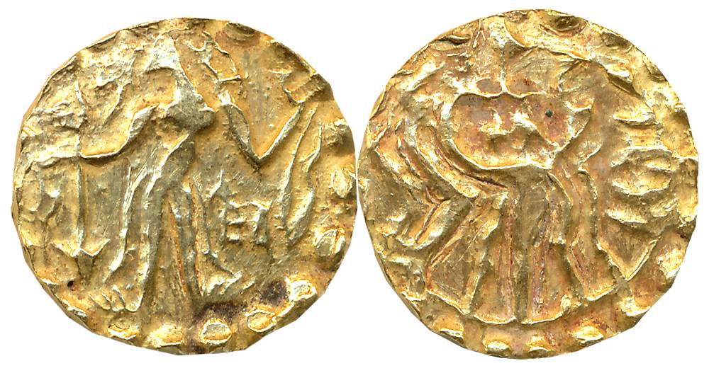 Post Gupta Bengal, Samatata region, Jiva, Debased Gold Dinar, 5.26g, Obv: King standing fa