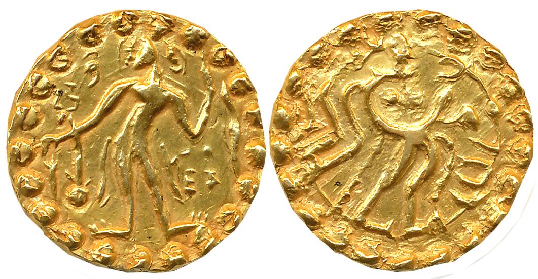 Post Gupta Bengal, Samatata region, Jiva, Debased Gold Dinar, 5.66g, Obv: King standing fa