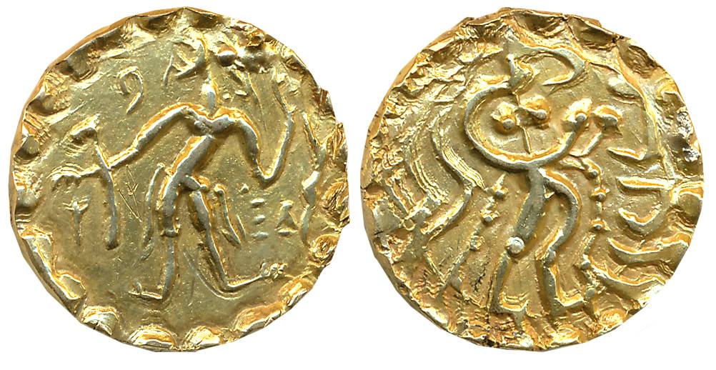 Post Gupta Bengal, Samatata region, Jiva, Debased Gold Dinar, 5.73g, Obv: King standing fa