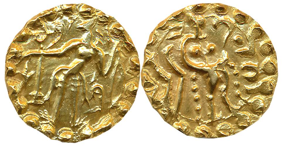 Post Gupta Bengal, Samatata region, Shri (dharanarata), Debased Gold Dinar, 5.68g, Obv: Ki