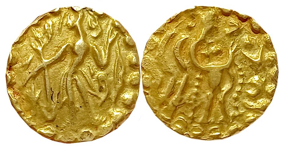Post Gupta Bengal, Samatata region, Shri (dharanarata), Debased Gold Dinar, 5.50g, Obv: Ki
