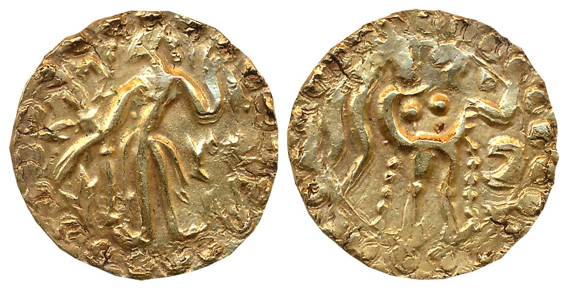 Post Gupta Bengal, Samatata region, RajaBhata, Debased Gold Dinar, 5.71g, Obv: King standi
