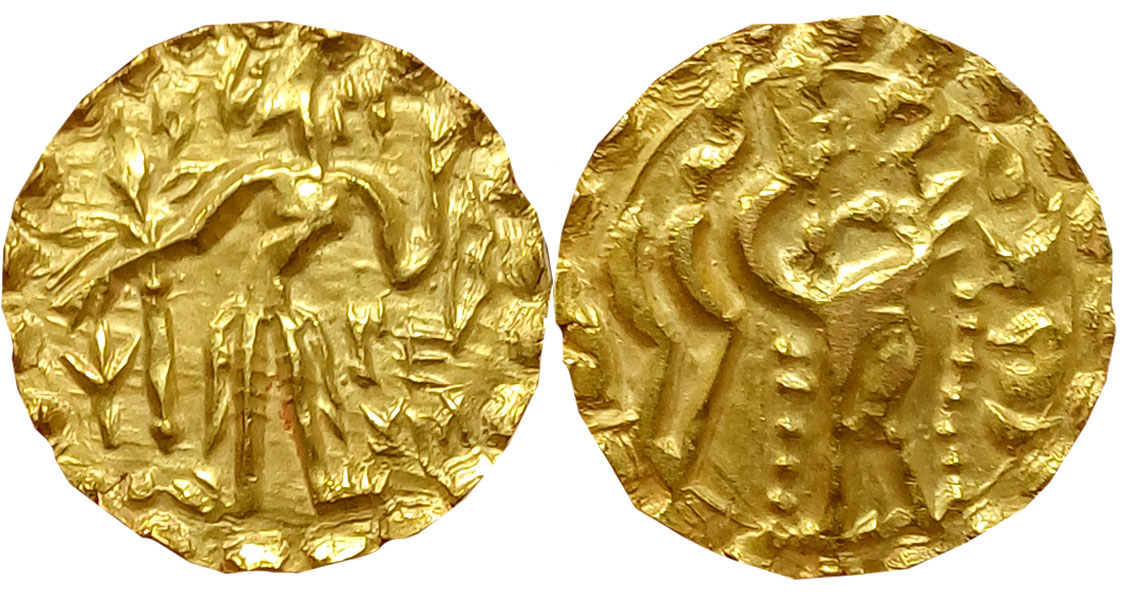 Post Gupta Bengal, Samatata region, RajaBhata, Debased Gold Dinar, 5.58g, Obv: King standi