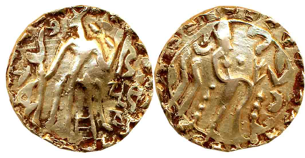 Post Gupta Bengal, Samatata region, PrithuBhata, Debased Gold Dinar, 5.61g, Obv: King stan