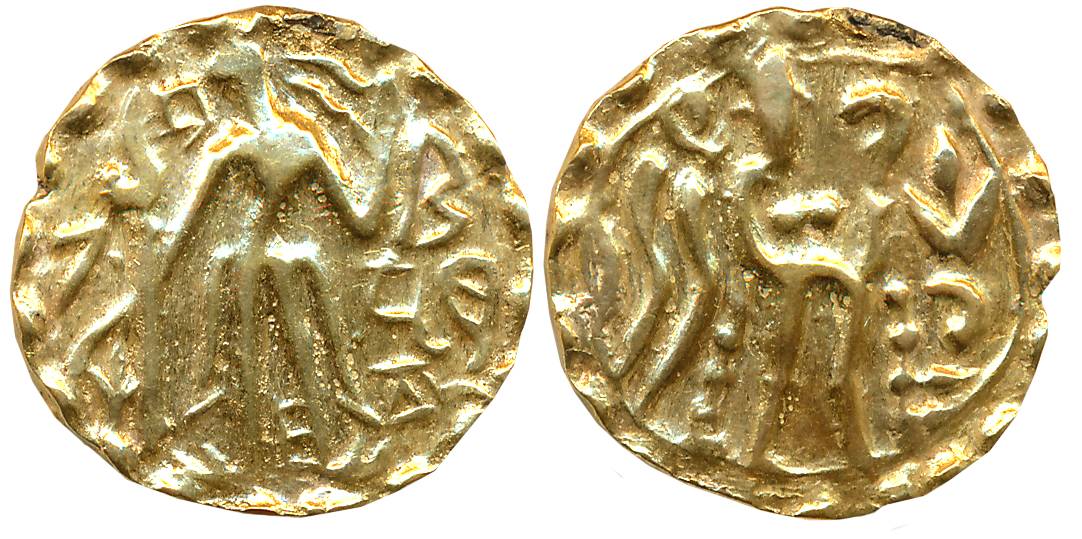 Post Gupta Bengal, Samatata region, PrithuBhata, Debased Gold Dinar, 5.79g, Obv: King stan
