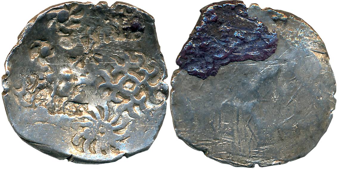 Punch Marked, Attributed to Kashi Janapada, Silver Vimshatika, 4.87g, Uniface, Four geomet
