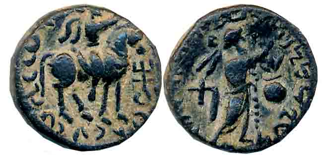 Kushans, Soter Megas, Copper, 1.90g, Obv: King seated on Horse facing right, holding axe i