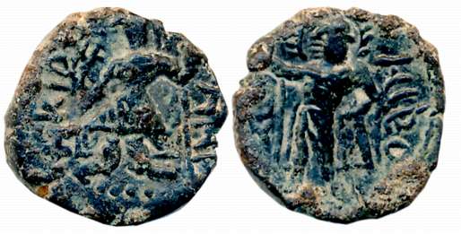 Kushans, Kanishka, Copper Fractional Unit, 4.24g, “Mioro” type, Obv: King sacrificing at A