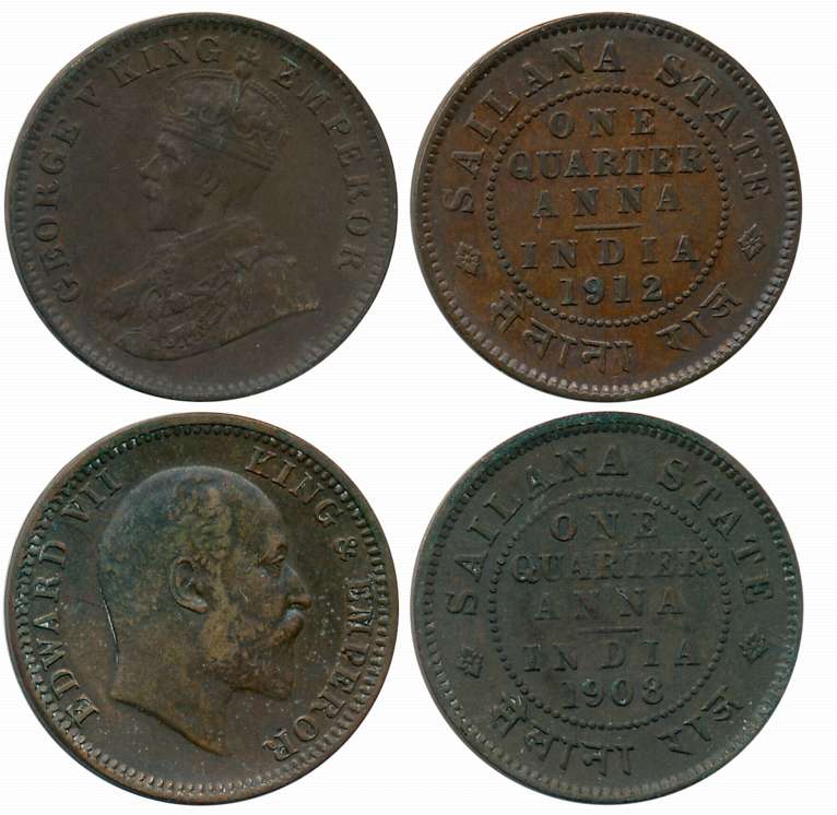 Jaswant Singh, Copper (2),4.78g, 4.60g, 1/4 Anna,1908, with the name of Edward VII (KM# 15