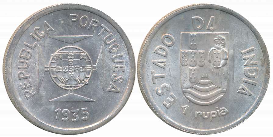 Silver Rupia, 1935, Obv: Shileld on lined circle at centre of Maltese cross, Rev: Divided 