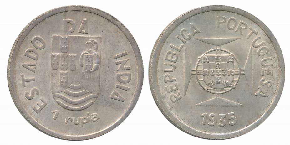 Silver Rupia, 1935, Obv: Shileld on lined circle at centre of Maltese cross, Rev: Divided 