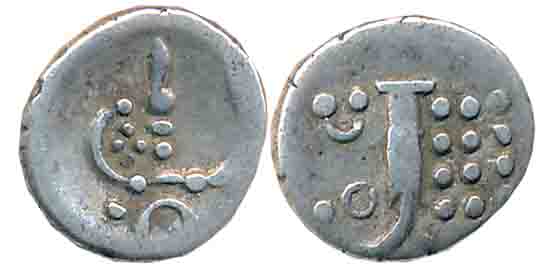 Silver Fanam, 1.02g, Obv: Degenerated figure of Goddess Kali, Rev: “OC” above lazy J (KM# 