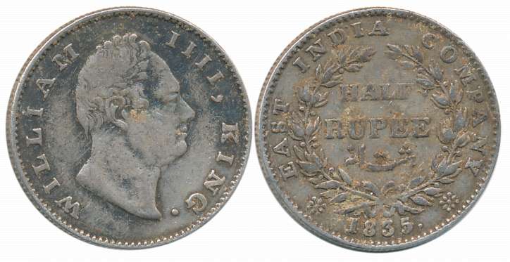 William IIII, Silver 1/2 Rupee, 1835, No initial. Fine.