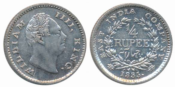 William IIII, Silver 1/4 Rupee, 1835, F raised. Very fine+, rare.