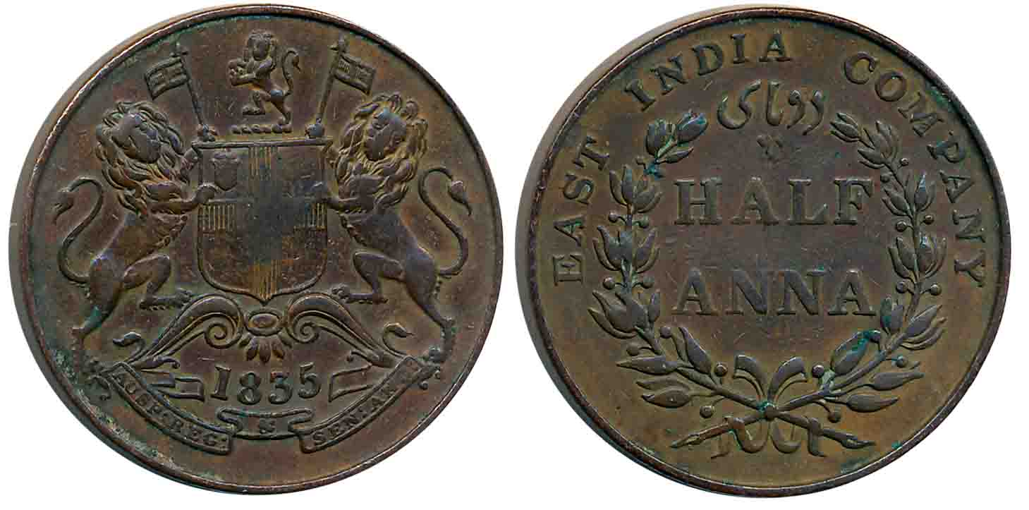 William IIII, Copper 1/2 Anna, 1835. About uncirculated.