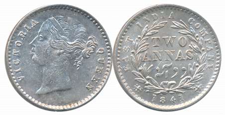 Victoria Queen, Silver 2 Anna, Divided Legend, 1841. Uncirculated.
