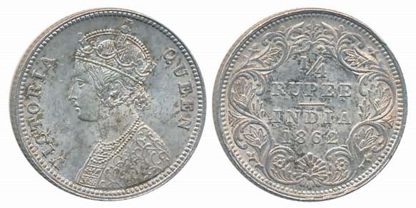 Victoria Queen, Silver 1/4 Rupee, 1862. Extremely fine+ to about uncirculated.