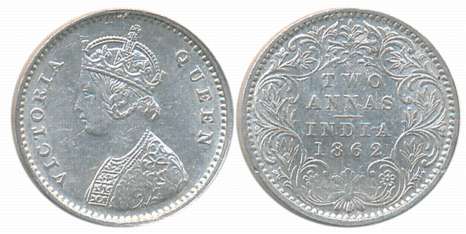 Victoria Queen, Silver 2 Anna, 1862, Bombay Mint. About uncirculated.