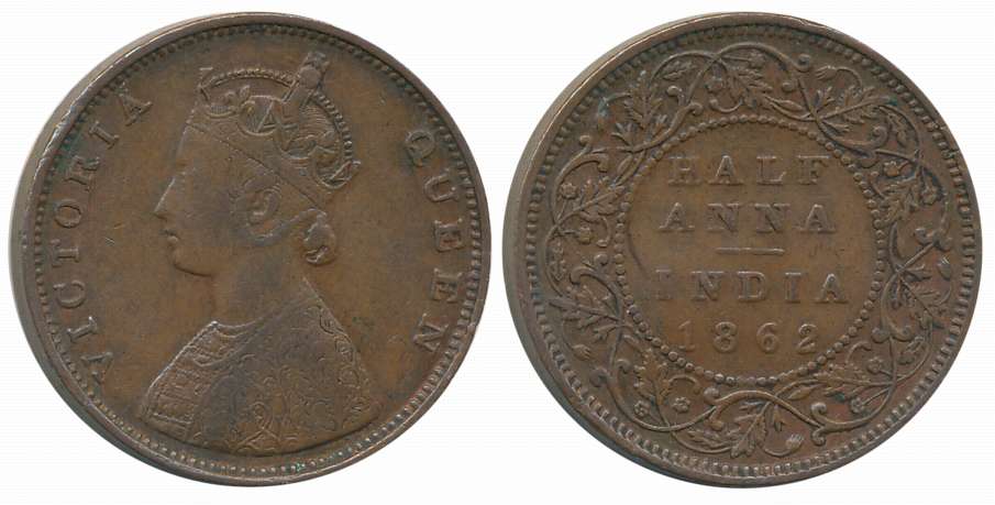 Victoria Queen, Copper 1/2 Anna, 1862. Extremely fine.