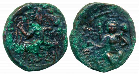 Later Kushan, Vasudeva II, Copper, 3.96g, Obv: King enthrone facing front, both arms up, R