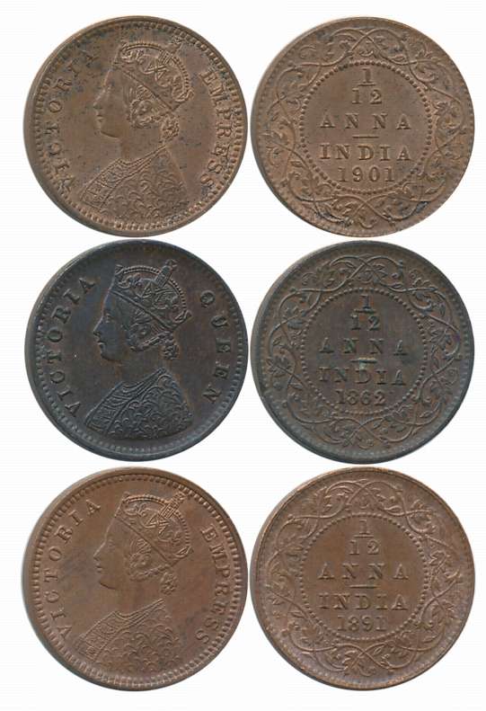 Victoria Queen, Copper 1/12 Anna (3), 1862, 1891,1901. About uncirculated. 3 coins.